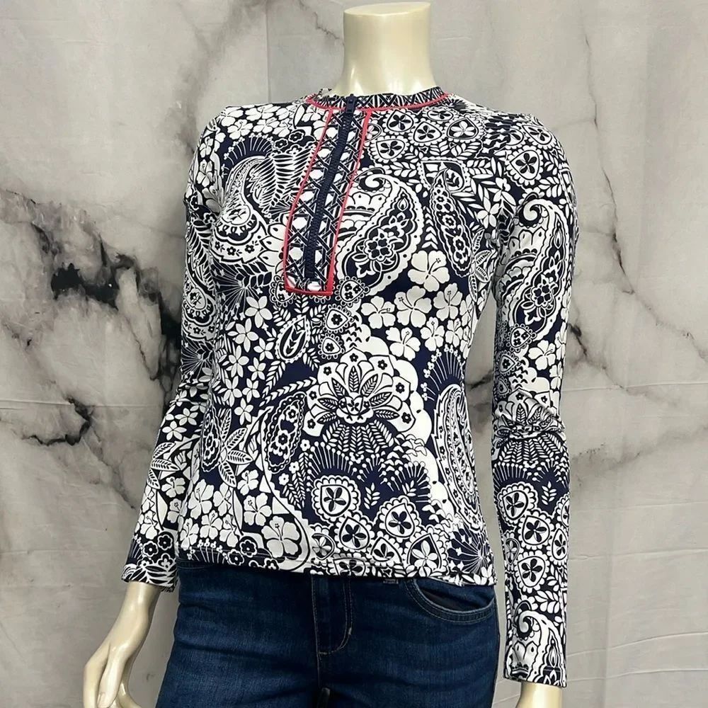 * Tommy Bahama top navy and white floral paisley print long sleeve